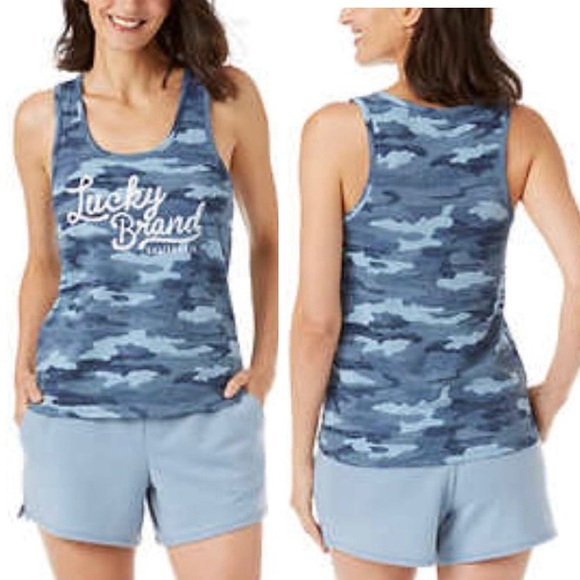 Lucky Brand Logo Tank Blue Camouflage Camo Top Scoop Neck Graphic Sleeveless L - Picture 1 of 10